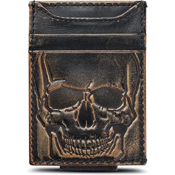 NEW Genuine Leather Skull Wallet Money Clip